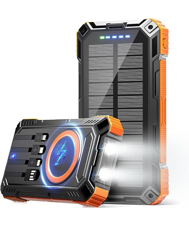 Solar Power Bank 49800mAh Wireless Portable Charger with USB-C 15W Fast Charging with 4 Built-in Cables LED Flashlight Battery Pack Compatible with iPhone, iPad, Smartphone,Perfect for Camping, Hiking