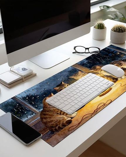 XL Mouse Pad Gaming Mousepad 31.5 x 11.8 Inch Large Keyboard Desktop Mat Diatomite Mouse Pad for Home and Office Desk Accessories with Cozy Window Night Cat Lamp Artwork