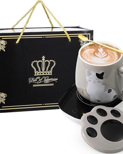 Honeydak Coffee Mug Warmer Cute Cat Mug Set Cup Warmer for Women Heated Coffee Warmers for Mom Home Office Desk Valentine's Day Anniversary Birthday Gifts(Cat,Gray)