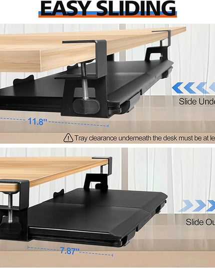 Large Keyboard Tray Under Desk Slide Out with Sturdy C-Clamp Mount and Storage Drawer, 27" (31" Including Clamps) x 12" Ergonomic Keyboard Trays for Home and Office, Black
