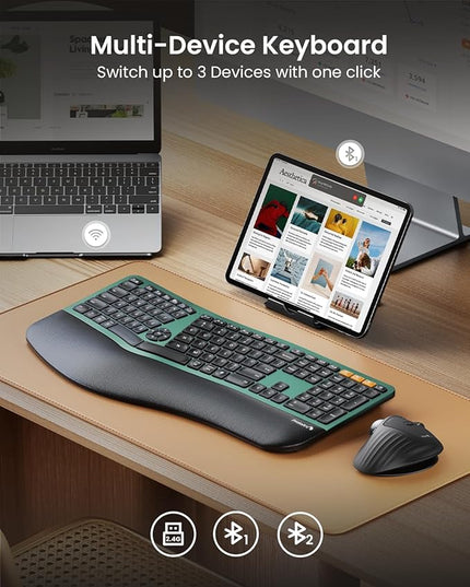 ProtoArc Backlit Bluetooth Ergonomic Keyboard, EK01 Plus Full Size Wireless Split Keyboard with Dual Bluetooth and USB, Cushioned Wrist Rest, Rechargeable, Compatible with Windows/Mac/Android, Green