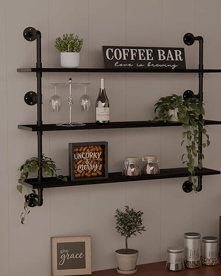 Industrial Pipe Shelving Rustic Black Wall Shelves with Wood Planks Industrial Floating Shelves 48 Inch 3 Tier Farmhouse Bookshelf Pipe Shelves Wall Mounted,Open Shelving For living room/office