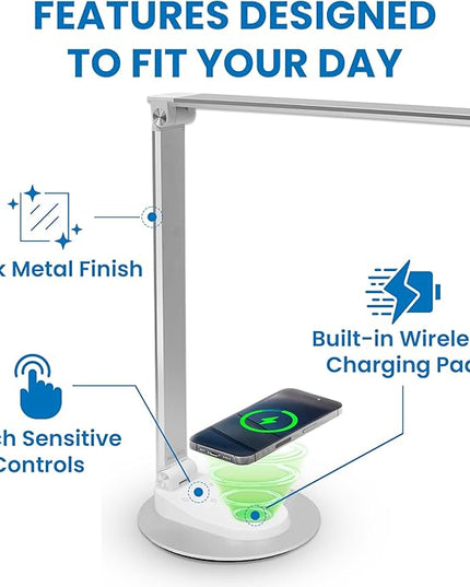 Mount-It! LED Desk Lamp with Wireless Charger and USB-C Charging Port, Dimmable Desk Lamp with 25 Brightness and Color Modes, for Home or Office, Adjustable Arm, Silver/White