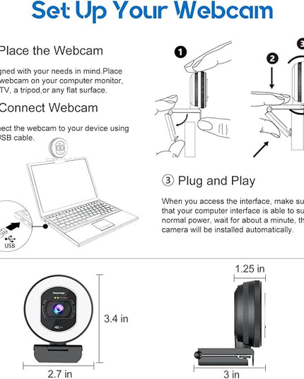 4K Webcam with Ring Light Web Cam 4K Autofocus with TOF Computer Camera 1080P 60FPS Web Camera Built-in Privacy Cover and Microphone Streaming Webcams for Zoom/Skype/Google Meet