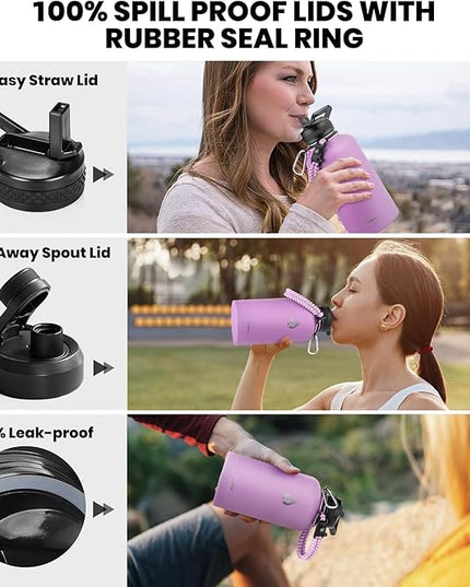 Insulated Water Bottle 64 oz, Triple Wall Vacuum Stainless Steel (Cold for 48 Hrs), Leak Proof & Non-BPA, Half Gallon Water Flask Jug with Paracord Handle & Straw Spout Lids, Lilac