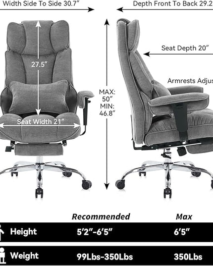 Efomao Executive Office Chair, Soft-Cushioned Computer Chair with Foot Rest, Fabric Home Office Desk Chairs, Big and Tall Office Chairs, Grey