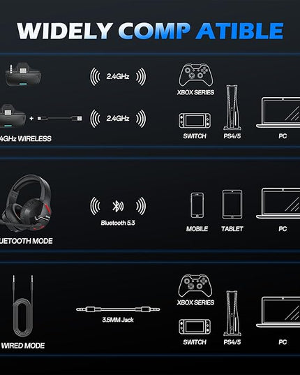 BINNUNE Xbox Wireless Gaming Headset for Xbox Series X/S, Xbox One,120H Ultra-Long Battery, Bluetooth 5.3 Gaming Headphones with Noise-Canceling Mic, Comfortable Over-Ear Headphones