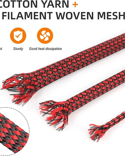 Braided Expandable Cable Sleeve, 25ft PP Cotton and PET Braided Cable Management, Flexible Mesh Wire Loom and Cable Protector for TV, Computer, Home Theater, Automotive (Red, 5/16")