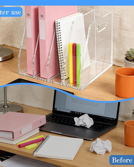 4-Tier Clear Acrylic File Holder, Vertical Document Organizer for Magazines, Binders, Notebooks & Envelopes - Multi-Purpose Desk Storage for Home Office（B5,4 Sections）