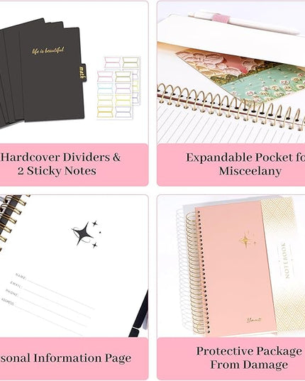 FLYING EAGLE Leather Spiral Notebooks for Work 5 Subject Notebook College Ruled with Dividers Pen, 360 Pages B5 Hardcover Lined Journals for Women Men Writing,Pink