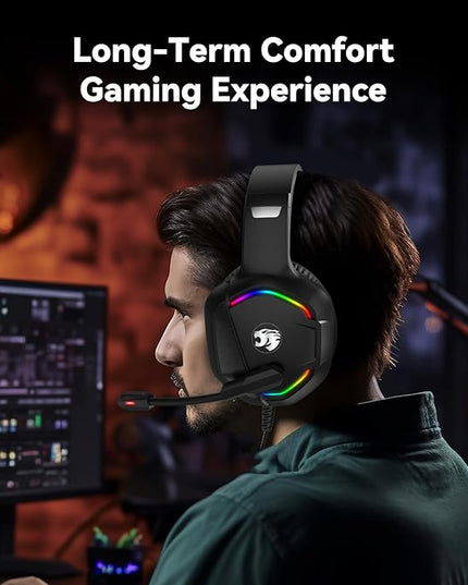 Gaming Headset with Microphone for Pc, Xbox One Series X/s, Ps4, Ps5, Switch, Stereo Wired Noise Cancelling Over-Ear Headphones with Mic, RGB, for Computer, Laptop, Mac, Nintendo, Gamer (Black)