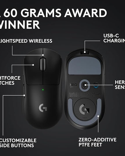 Logitech G PRO X Superlight 2 Wireless Gaming Mouse, 60g Pro-Grade with 5 Programmable Buttons, 44k DPI Sensor, 8kHz Report Rate, USB-C Charging for PC/Mac - Black