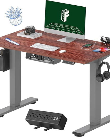 FLEXISPOT EN2 Whole-Piece Standing Desk with Clamp Power Strip, 40 x 24'' Electric Stand Up Height Adjustable Desk with Cable Management (Gray Frame + 40" Mahogany Top, 2 Packages)
