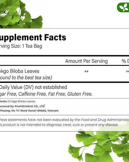 FreshDrinkUS, Premium 30 Ginkgo Biloba Leaf Tea Bags, 100% Natural & Pure from Ginkgo Biloba Leaves. Loose Leaf Herbal Tea. Made with Eco-Conscious Tea Bags. No Sugar, No Caffeine, No Gluten, Vegan.