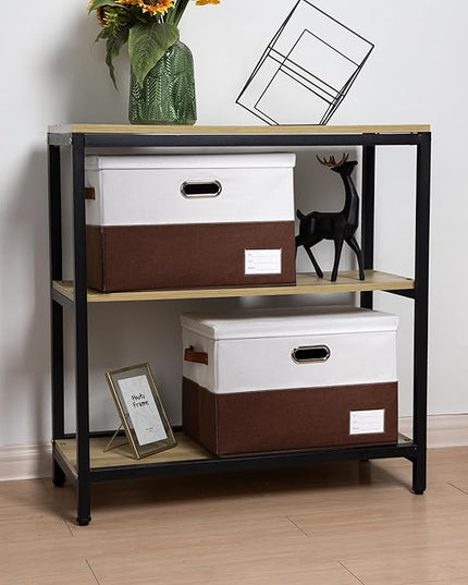 PRANDOM Foldable Storage Bins with Lids [3-Pack] Fabric Collapsible Storage Boxes Baskets Cubes Containers with Handles for Closet Living Room Bedroom (Brown & White 17.7x11.8x11.8'')
