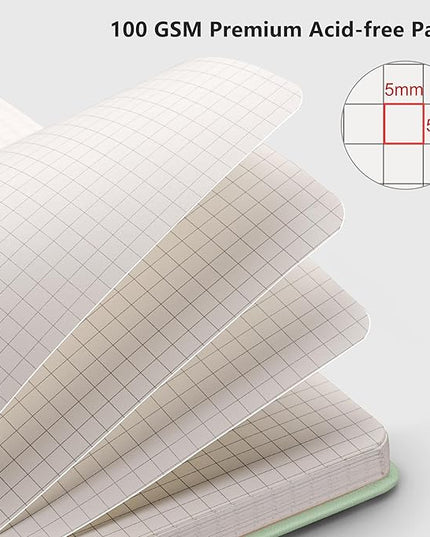 RETTACY Graph Grid Paper Notebook, 192 Pages, A5 Medium Size (5.7'' x 8.3''), 5 Squares per Inch, Leather Hardcover, 100 GSM Thick Paper, for School, Students, Math, Engineering (Light Green)