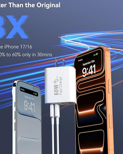 USB C Wall Fast Charger Block, 60W 4-Port Type C Charger Fast Charging Blocks +QC 3.0 USB C Multiport Charger Brick for Phone 16/15/14/13/12 Pro Max, Pad, Galaxy S24/23