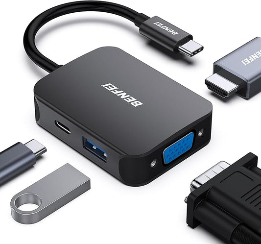 BENFEI USB C HUB 4in1, USB Type-C to HDMI VGA Adapter, USB C to USB Adapter, USB Type-C Power Delivery, Compatible with iPhone 15 Pro/Max, MacBook Pro/Air 2023, iPad Pro, iMac, S23, XPS 17