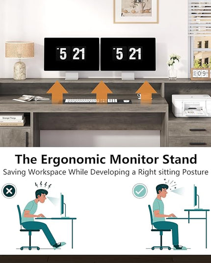 Executive Computer Desk with 3 Drawers & Storage Shelves, 65 Inch Home Office Desk with File Drawer & Cabinet, Writing Study Desks with Monitor Stand & Printer Shelf, Executive Desk, Grey