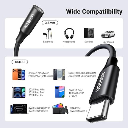 UGREEN USB C to 3.5mm Audio Adapter Type C to Headphone Aux Jack Dongle 24bit/96kHz HiFi DAC Cable Cord Compatible with iPhone 17 16 Pro Max/16 Plus, iPad, Galaxy S25 S24 Ultra, Pixel 10, Black