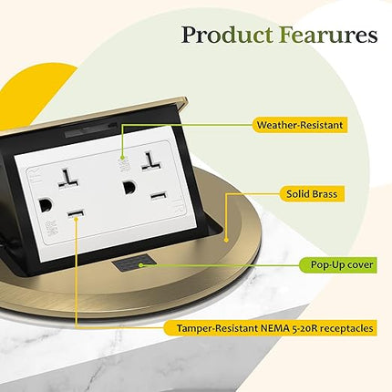 TG Pop-Up Round Floor Box Kit, 20A Tamper-Weather-Resistant Receptacle, Watertight Gasket, Corrosion-Resistant Hardware, Surface Mount for Kitchen, UL Listed, Brass