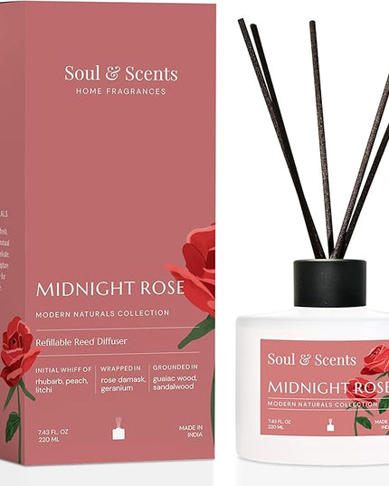 Soul & Scents Reed Diffuser Set – Midnight Rose | 7.43 oz Refillable Scented Oil with 6 Fiber Sticks | Long-Lasting Home Fragrance & Air Freshener for Bedroom, Bathroom, Office | Gift & Décor Piece