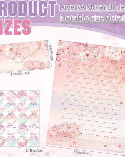 TaoBary 160 Pcs Stationery Paper Set 50 Double Sided Stationery Papers with 50 Matching Envelopes and 60 Round Dot Sticker, 10 Design(Cherry Blossom,8.5 x 11 Inch)