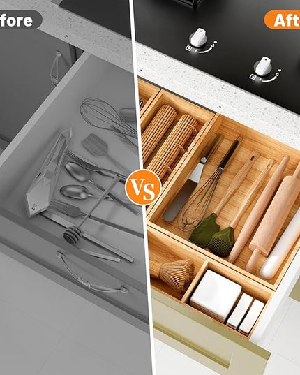 SpaceWhisper Bamboo Drawer Organizer, 5-Piece Drawer Divider with Removable Dividers for Organization and Storage, Multi-Use Stackable Storage Box & Utensil Holder for Kitchen, Office, Makeup & More