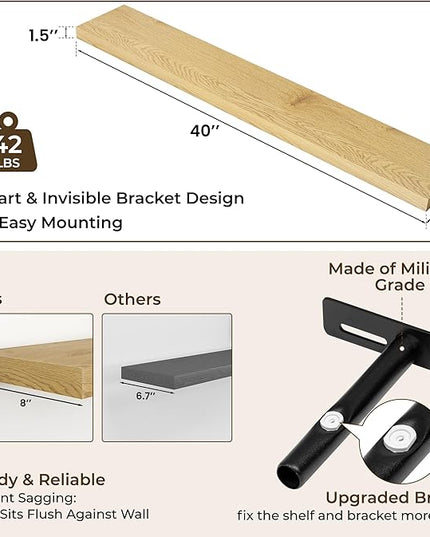 RICHFOCUS 40Inch Floating Shelves for Wall 2 Pack Shelves for Bedroom|Kitchen|Bathroom Wall Mounted Rustic Wood Floating Shelf with Invisible Brackets for Books|Storage|Decor, Oak