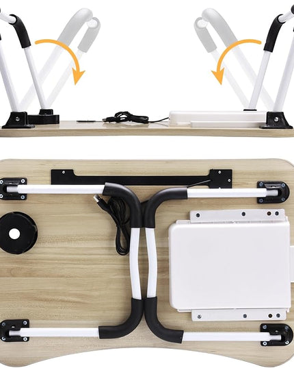 Slendor Lap Desk with Tablet Slot, Foldable Laptop Table with Storage Drawer，Portable Bed Desk for Laptop, Computer Tray with Cup Holder Notebook Stand Reading Holder for Couch Floor, White Maple