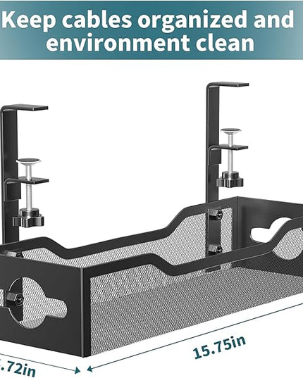 Under Desk Cable Management Tray Black, Litwaro Cable Management Under Desk No Drill, Cable Organizer with Clamp for Wire Management, Cord Organizer No Damage to Desk for Office, Home