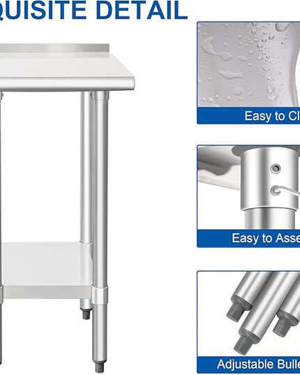 HARDURA Stainless Steel Commercial Work Table Prep Work Metal Table 24×18 Inches with Undershelf and 2" Backsplash Heavy Duty NSF 430 for Kitchen Food Prep