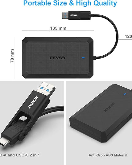 BENFEI 2.5 Inch SATA to USB Tool Free External Hard Drive Enclosure, USB Type-C/Type-A to Sata Compatible for 2.5 Inch SSD(Optimized for SSD, Support UASP)