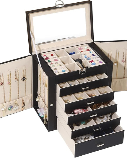 BOOVO Jewelry Box For women, 6 Layer Large Jewelry Organizer With Mirror, Multi-Function Storage Box With Lock, Accessory Holder With 5 Drawers, For Earrings Necklace Ring Bracelet (Black)