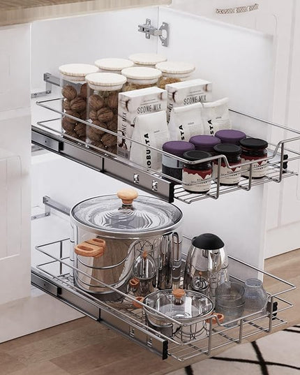 Pull Out Cabinet Organizer 14" W X 17" D, Slide Out Drawers For Kitchen Organizers and Storage, Pull Out Drawers For Cabinets Capacity Heavy Duty Caddy, Cabinet Shelves Chrome-Plated, Bathroom Pantry