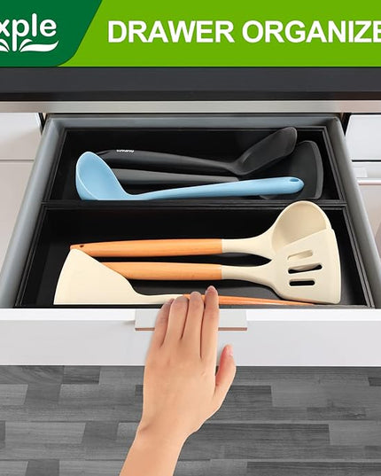 Bamboo Kitchen Drawer Organizer - Set of 2, Stackable Utensil Organizers, Wooden Storage Box Tray for Cabinet, Pantry, Bathroom Countertop, Multi-use Organization and Storage (Black)