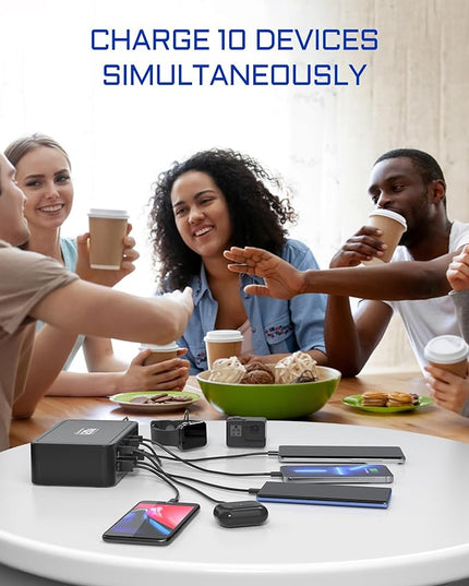 10-Ports USB C Charging Station, 120W Travel USB Power Strip with EU European Plug and US Plug, Multiport Charging Hub for iPhone 15/14/13/12, iPad Air/Pro, Galaxy -Black