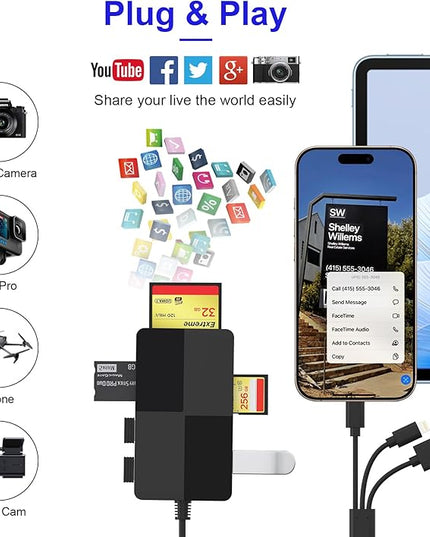 Memory Stick Duo pro Adapter - 8 in 1 SD/TF/MS/CF/XD Card Reader with Extra 3 USB Ports Supports Micro SD/SDHC/XD Picture Card USB C Lightning OTG Adapter Multi Memory Card Reader for Computer/iPhone