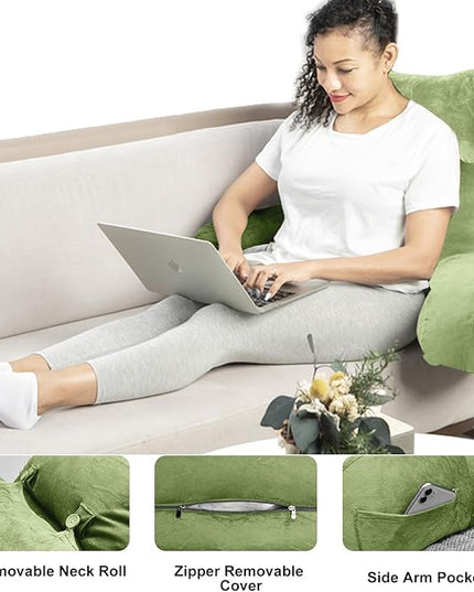SLIGUY Reading Pillow for Sitting in Bed Couch Adult, Back Pillow with arm Support and Pockets, Adult Back Pillow Bed Chair for Rest, Reading, Watching TV, Gaming for Boys and Girls Green