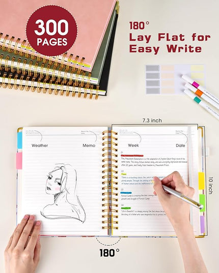 Hardcover Spiral Notebook Journal with Removable Dividers Tabs, 300 Pages Leather 5 Subject Notebook College Ruled, 8"x10" Large Notebooks for Work School Note taking, Journal for Women, Flower White