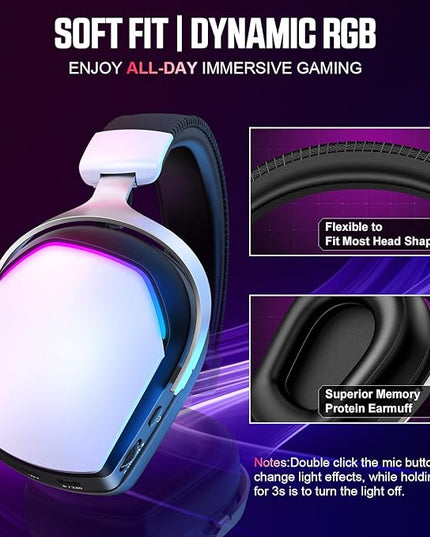 Wireless Gaming Headset for PS5 PS4 PC Mac Switch, RGB Headphones with 7.1 Surround Sound, Bluetooth 5.4, 60H Battery, Noise Canceling Mic & 50mm Drivers