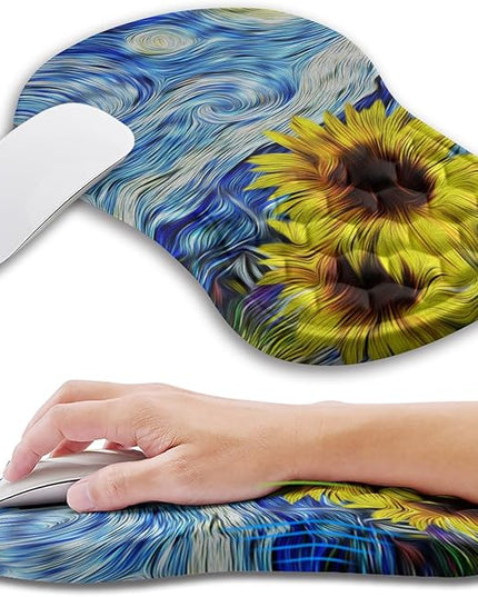 Ergonomic Mouse Pad Wrist Support with Memory Foam Massage Bulge, Carpal Tunnel Pain Relief Mousepad Wrist Rest for Mouse(12x8 inch,Sunflower)