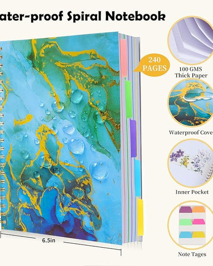 5 Subject Notebook College Ruled, A5 Spiral Notebook with Removable Pocket Dividers Tabs, Lined Organizer Notebook Journal for Women, 240 Pages Notebooks for Work School Note Taking, Blue Marble