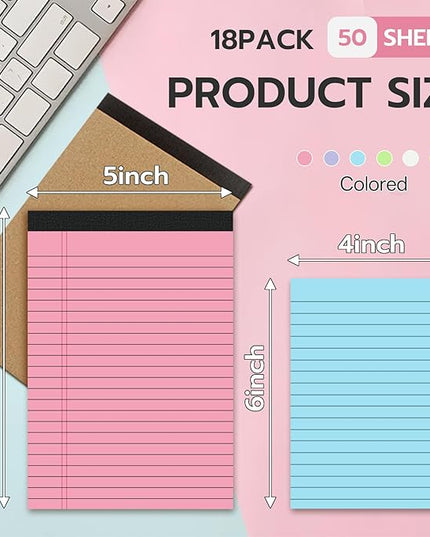 18 Pack Note Pads 5x8, Lined Sticky Notes 4x6 Color Small Notepad, 50 Sheets per Writing Pad, Perforated Legal Pads Bulk Narrow Ruled Writing Pad＆Self-Stick Note Pads for College Office Journal Work