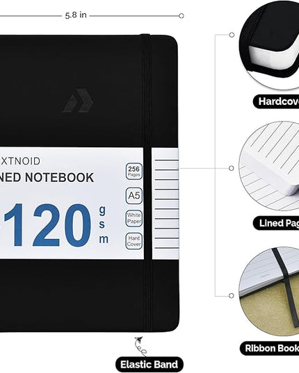 Nextnoid Hardcover Lined Journal Notebook - 120 GSM Thick Paper, Medium A5-256 Pages - Perfect For Writing, Journaling and Note-Taking (Black, Ruled)