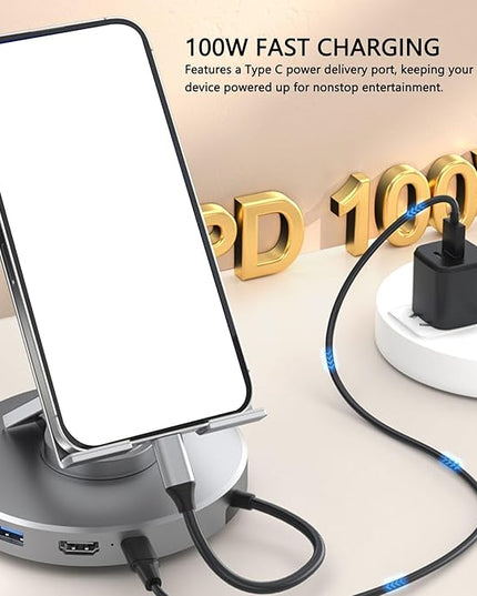 Zopsc USB C Docking Station, 11-in-1 Tablet Stand with 4K HDMI, 100W PD, Gigabit Ethernet, 4 USB Ports, Card Reader, Adjustable for Laptops, Tablets, Steam Deck and Smartphones