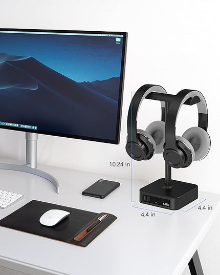 KAFRI Dual Headphone Stand with USB Charger Desk Gaming Double Headset Holder Hanger Rack with 2 USB Charging Port and 2 Outlet - Suitable for Gamer Desktop Table Game Earphone Accessories Gift