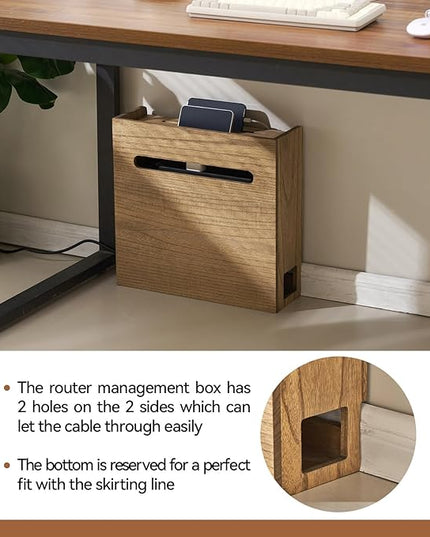KIRIGEN WiFi Router Storage Box, Wooden Wireless Router Organizer Rack Shelf Power Cord Socket Storage Shelf Cable Management and Organizing Box for Office and Home Dark Brown LYQ-DBR