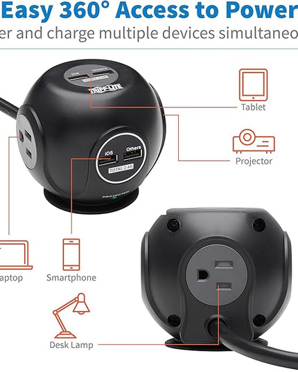 Tripp Lite Surge Protector 3-Outlet Spherical Surge Protector, 4 USB Ports (4.8A Shared) - 6-ft. (1.83 m) Cord, 5-15P Plug, 540 Joules, Black (TLP36USB)