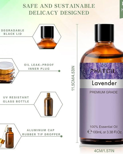 Lavender 3.38fl.oz Essential Oil, PHATOIL Aromatherapy Essential Oils for Diffuser, Humidifier, Perfect for DIY Soap, Candle, Bath Bombs Making(100ml)